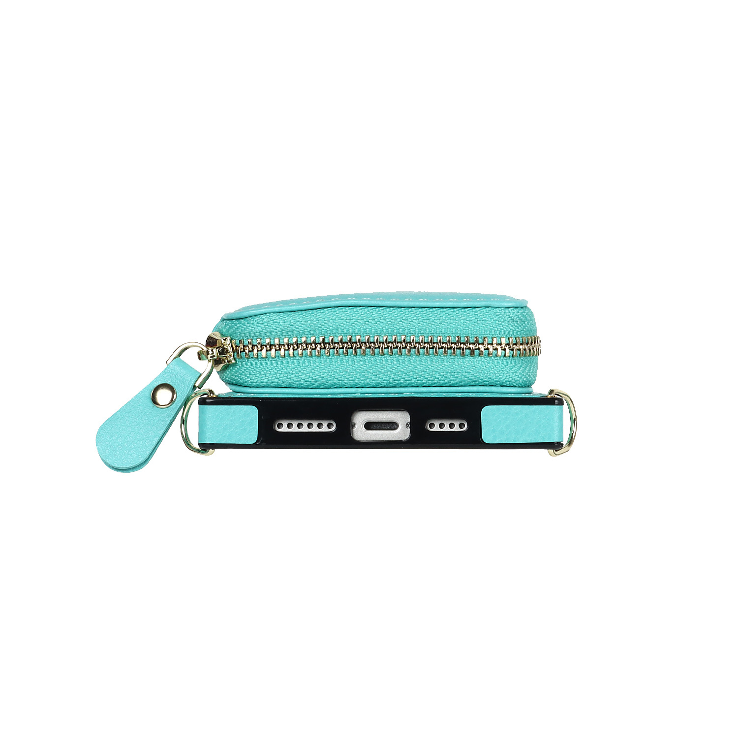 iPhone 14 Pro Necklace Leder Schutz Hülle mit Kartenfächer   Handykette (140cm) - Türkis