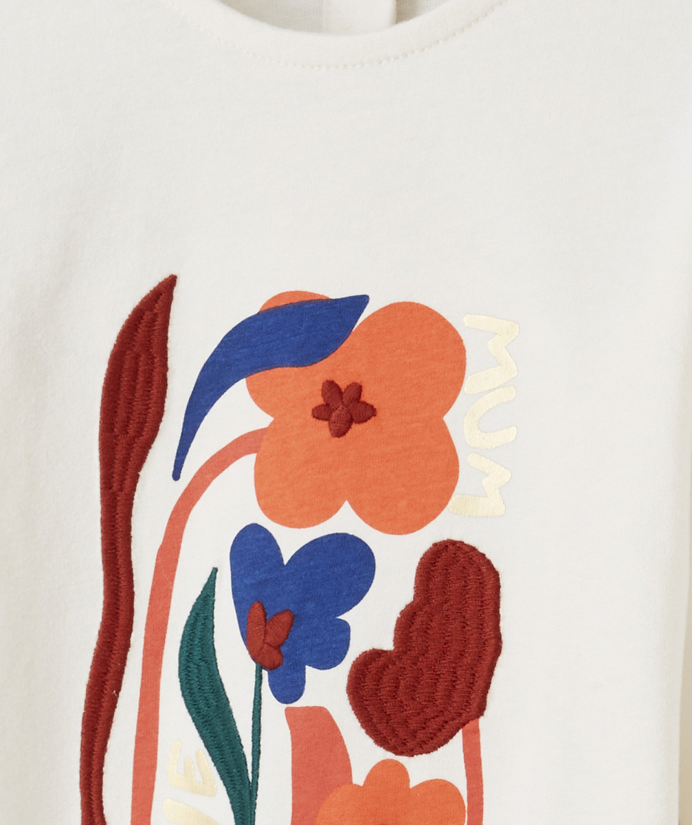 T-SHIRT BÉBÉ FILLE EN COTON BIO BLANC AVEC MOTIF BRODÉ FLEURI