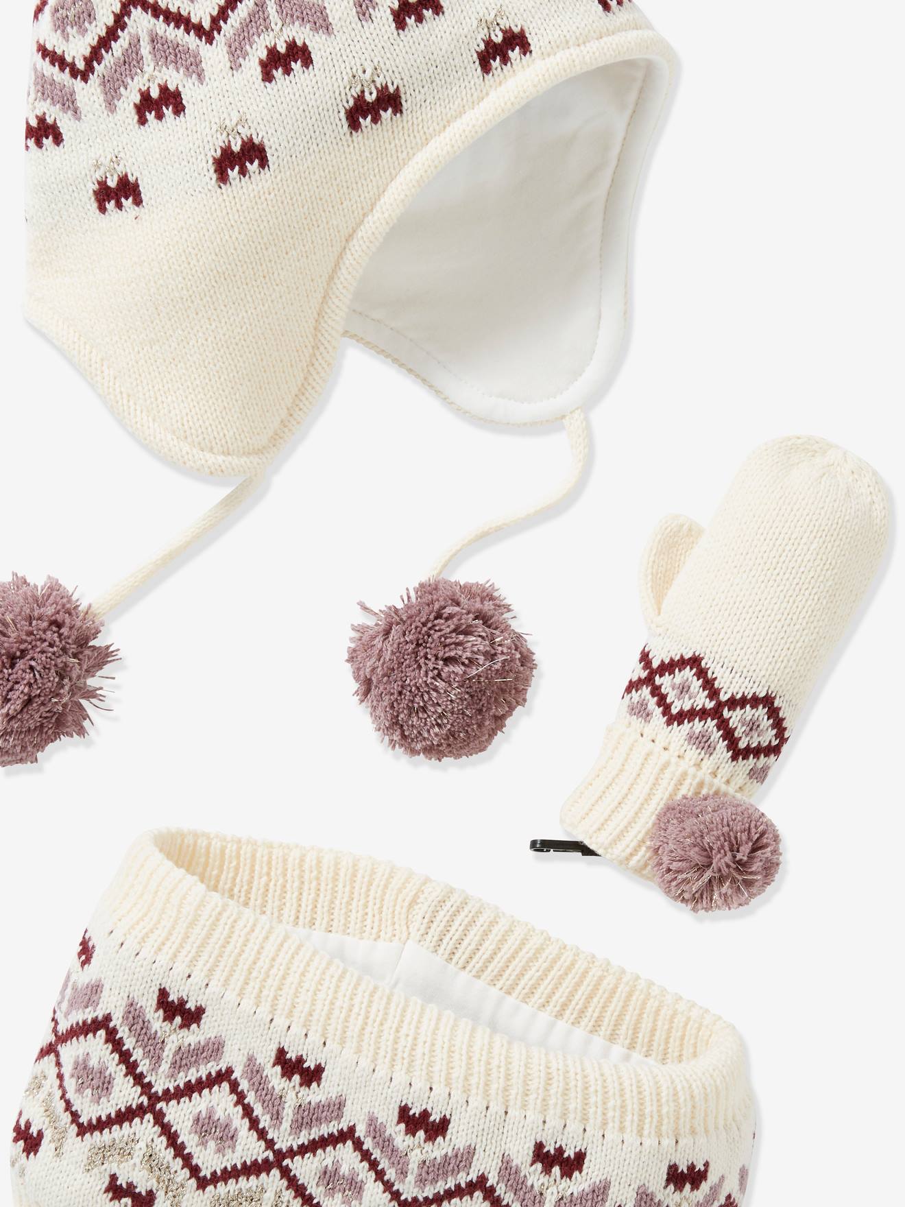 Conjunto infantil Oeko Tex® com gorro, cachecol e luvas em jacquard xadrez bege claro.