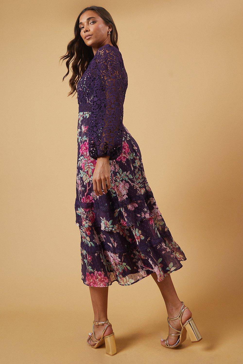 Oasis Robe Midi à Corsage en Dentelle Florale Petite Occasion