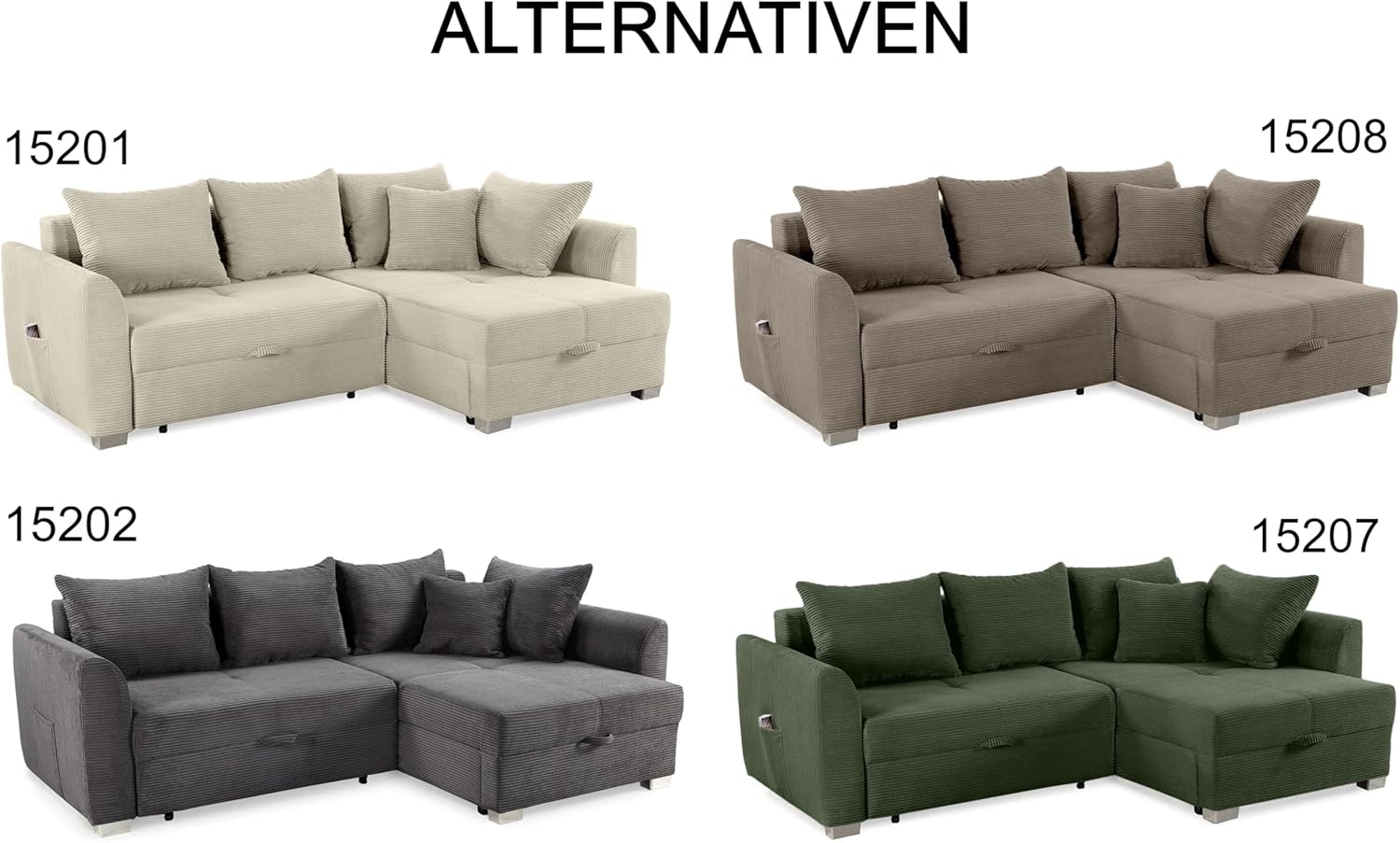 Cord Ecksofa B236/T160/H81 cm mit Schlaffunktion und Bettkasten, Tasche in der Armlehne, L-Couch mit Ottomane ausziehbar, links oder rechts montierbar, Bezug Cordstoff in Beige Grau / 15201