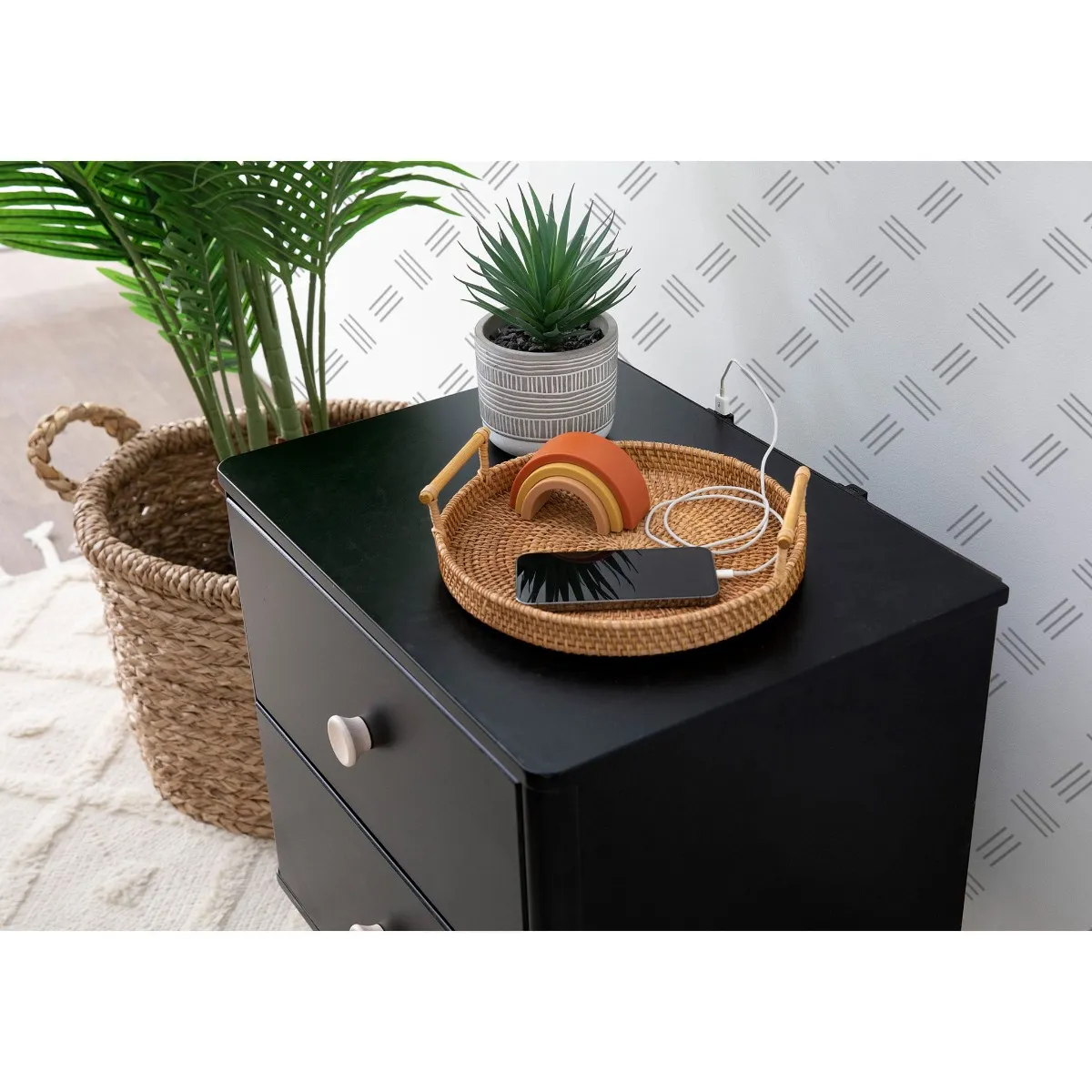 Babyletto Table de Nuit Lolly avec Port USB - Noir et Naturel Lavé