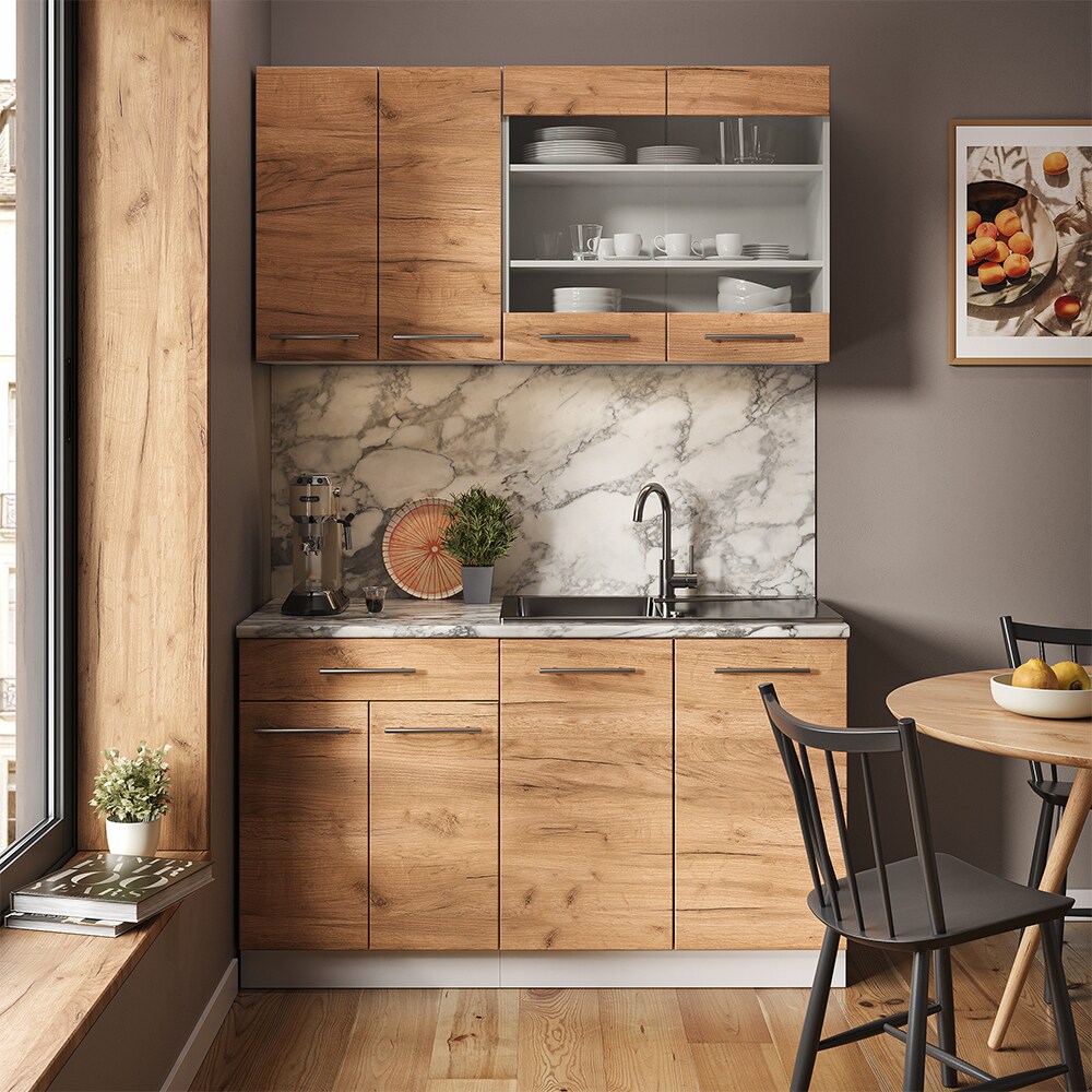 Vicco Küchenzeile Küchenblock Einbauküche Fame-Line Single Weiß Eiche 140 cm modern Küchen Schränke Spülenunterschrank Schubunterschrank Hängeschrank Hängeglasschrank