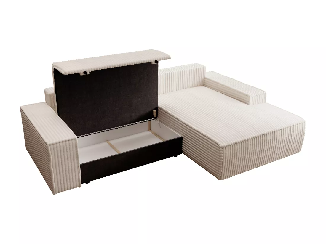 Canapé d'angle droit convertible en velours côtelé grosses côtes beige AMELIA