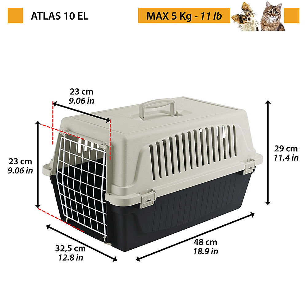 Transport rigide pour chats et chiens de petite taille atlas 10 el, porte an acier plastifié, grilles pour l'aération