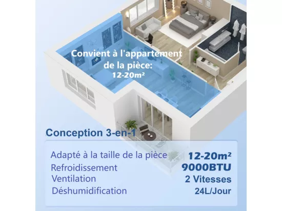 Climatiseur Mobile 3 EN 1, 9000BTU, avec Minuterie, Affichage LED et télécommande, Refroidissement, Ventilateur, Déshumidificateur