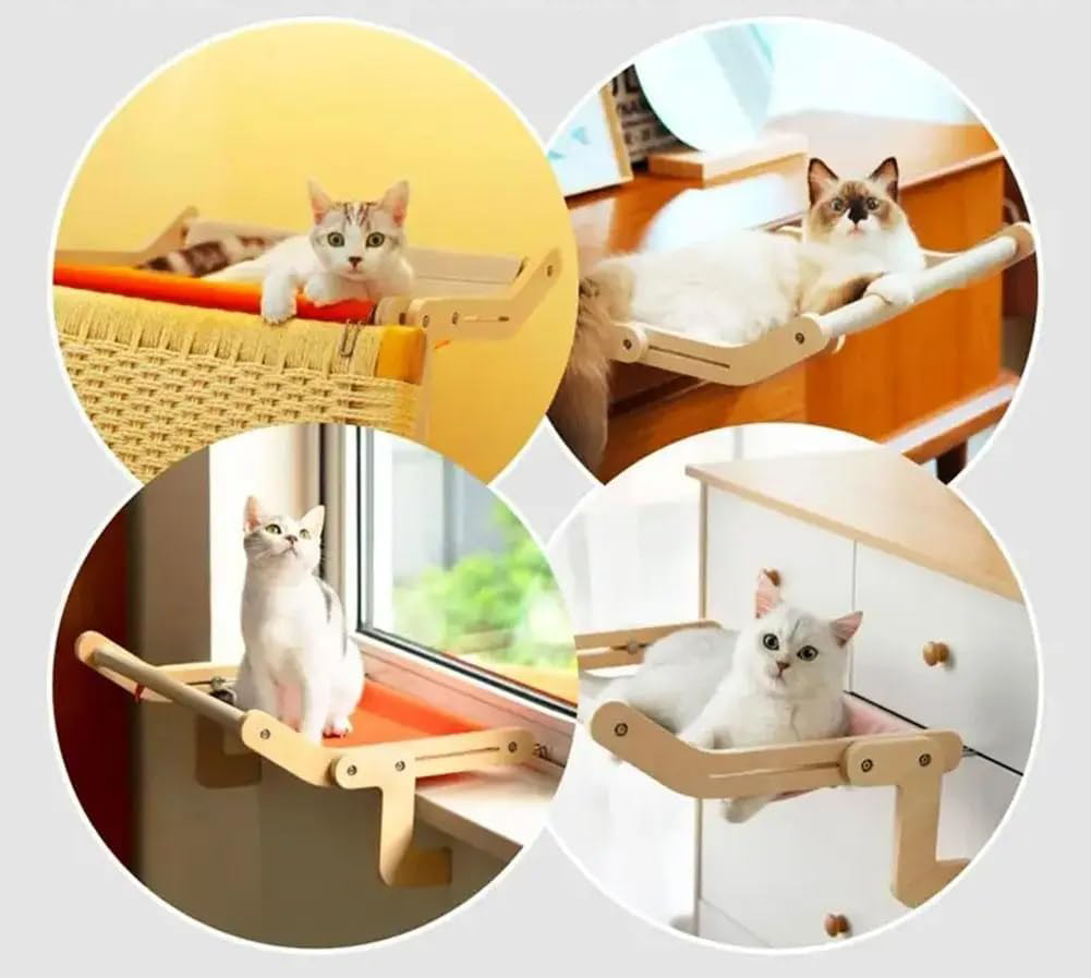 (43x37cm) Holz Katzen Hängematte Erhöhte Haustier Kletterwand Liege für Bettkante / Fensterrahmen / Schubladen - Grau / Gelb