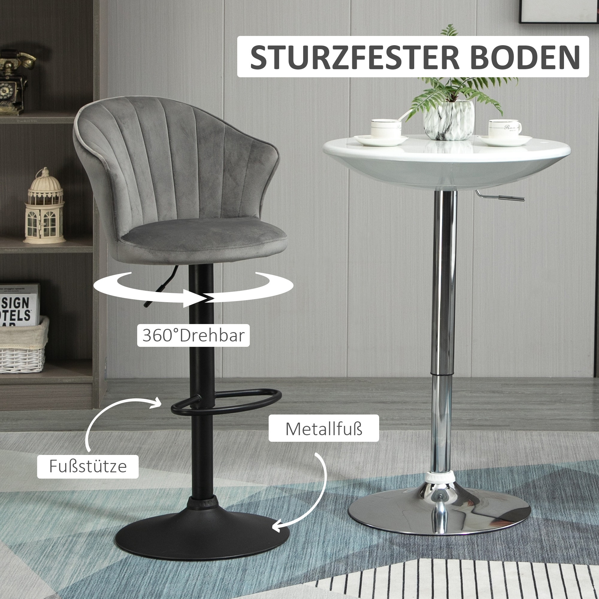 HOMCOM Barhocker 2-er Set, Rutschfeste Gummipads, mit Fußablage Grau 51 x 53 x 92-112 cm (BxTxH)