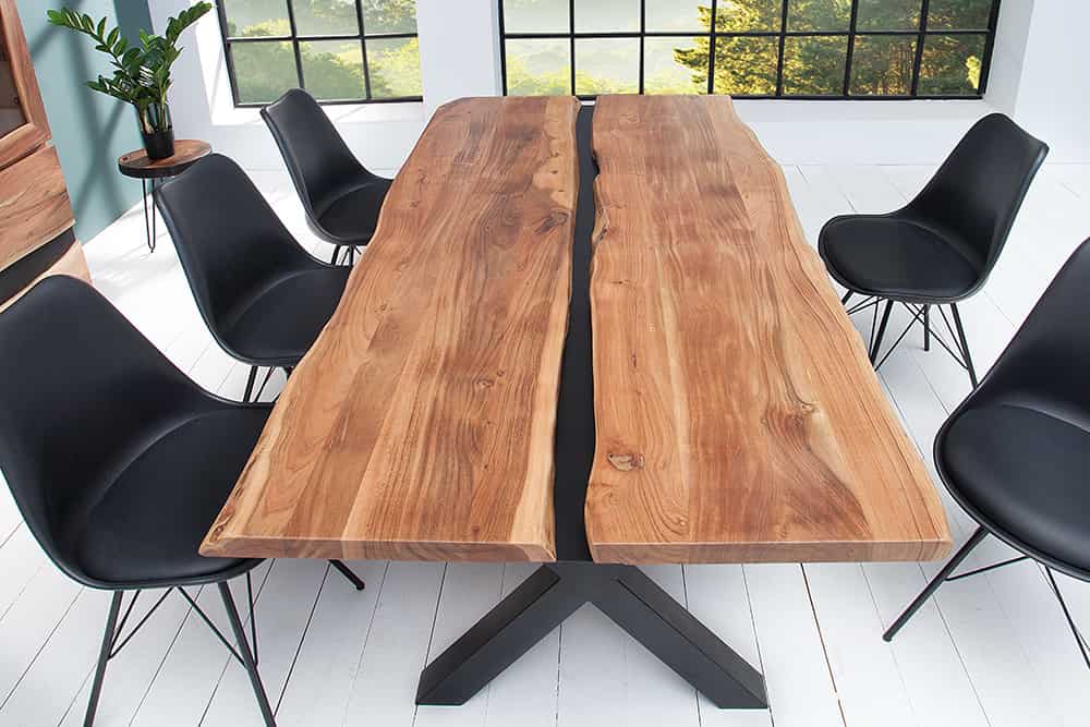 Massivholz Esstisch AMAZONAS 200cm natur Akazie Metall X-Gestell schwarz Baumkante