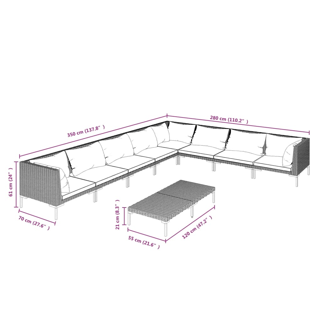 Salon de jardin meuble d'extérieur ensemble de mobilier 9 pièces avec coussins résine tressée gris foncé