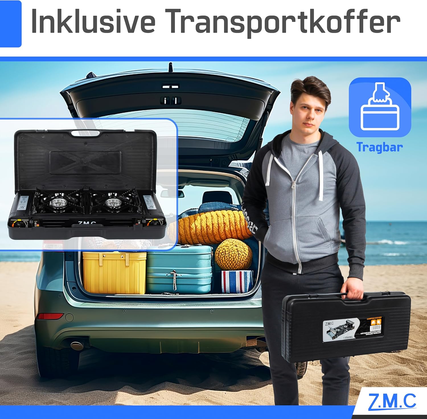 Z.M.C PREMIUM Camping Gaskocher 2-flammig + Grillplatte 45x24 cm + 16 Gaskartuschen 227g, Campingkocher mit Zündsicherung für Outdoor und Innenraum, Balkon Tisch Doppelgaskocher mit Piezozündung