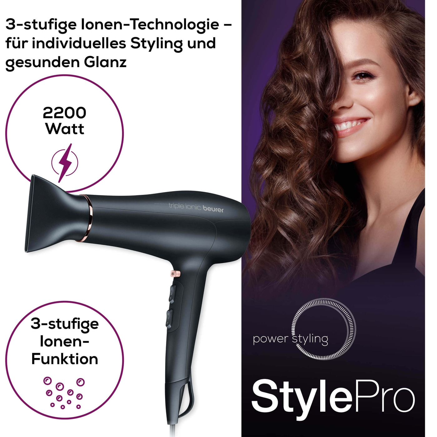 HC 50 Style Pro Haartrockner Haar Styling Haarföhn mit 2 Aufsätzen (59383) - Schwarz / Roségold