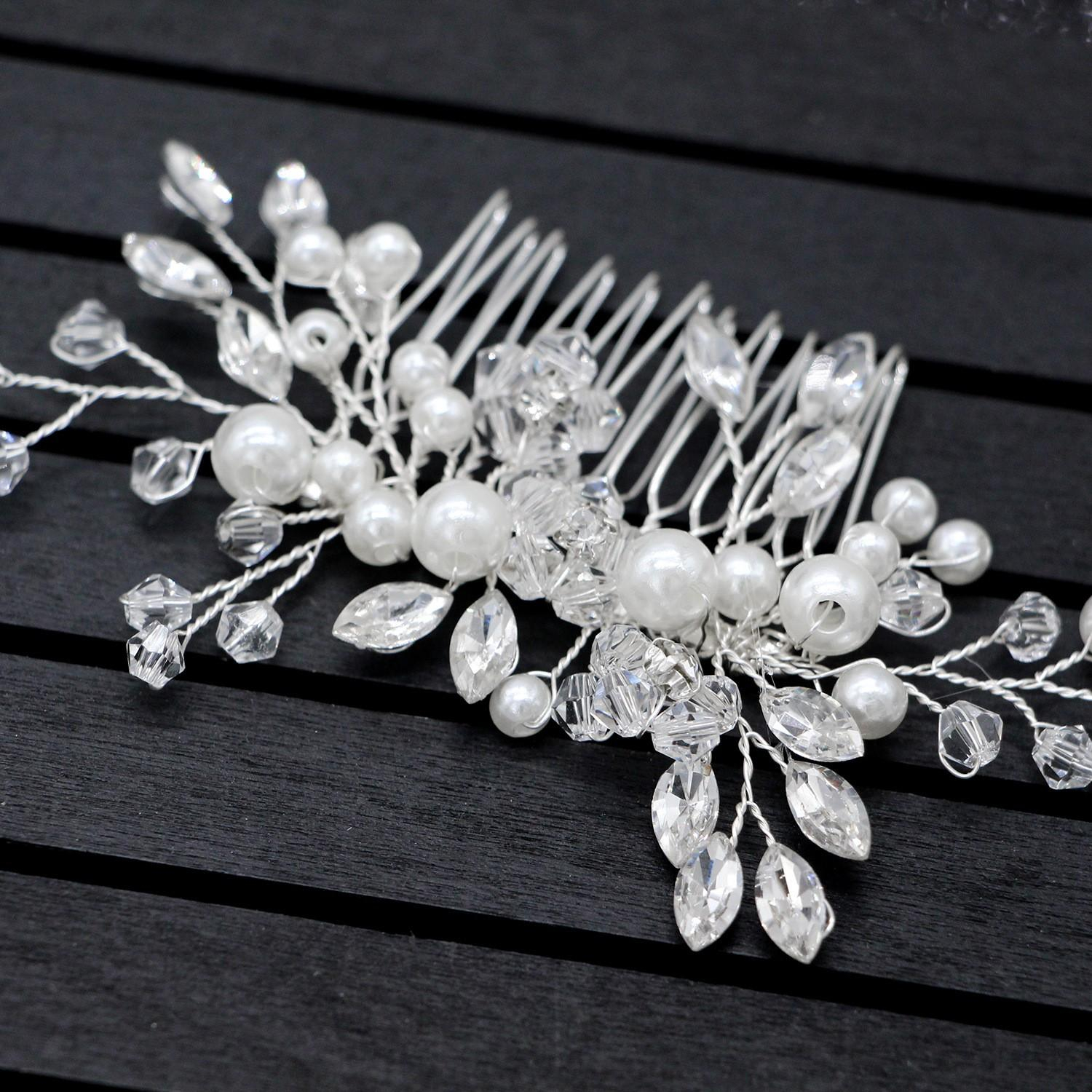 Haarnadel Braut Haarschmuck Hochsteckfrisur Strass Kamm für Hochzeit - Silber / Weiss