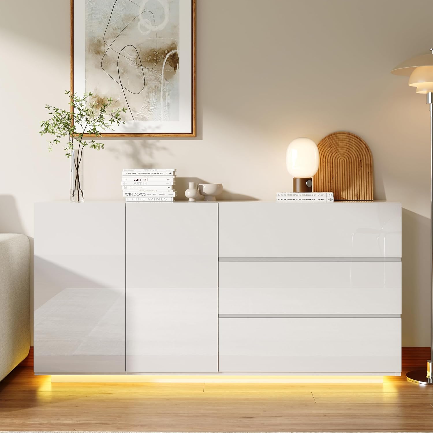 Sideboard für Wohnzimmer, weiß, glänzend, mit LED-Beleuchtung, Küchenmöbel mit 2 Türen und 3 Schubladen, TV-Schrank modern, für Wohnzimmer & Esszimmer & Küche (weiß, 160 x 35 x 76 cm)
