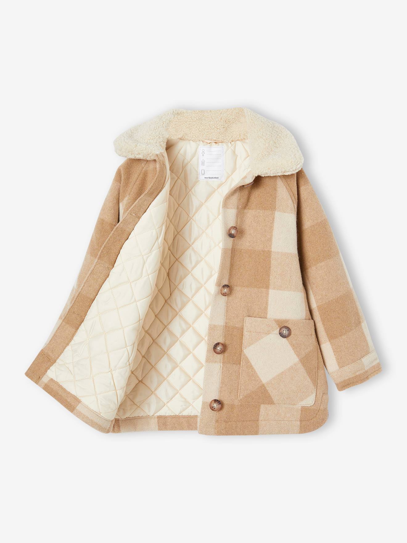 Casaco xadrez de lã para meninas, estilo sobrecamisa, xadrez marrom.