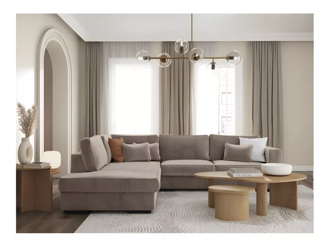 Canapé d'angle gauche Belami XXL 6 places en velours côtelé - Taupe - L303 x P228 x H86cm - Loungitude