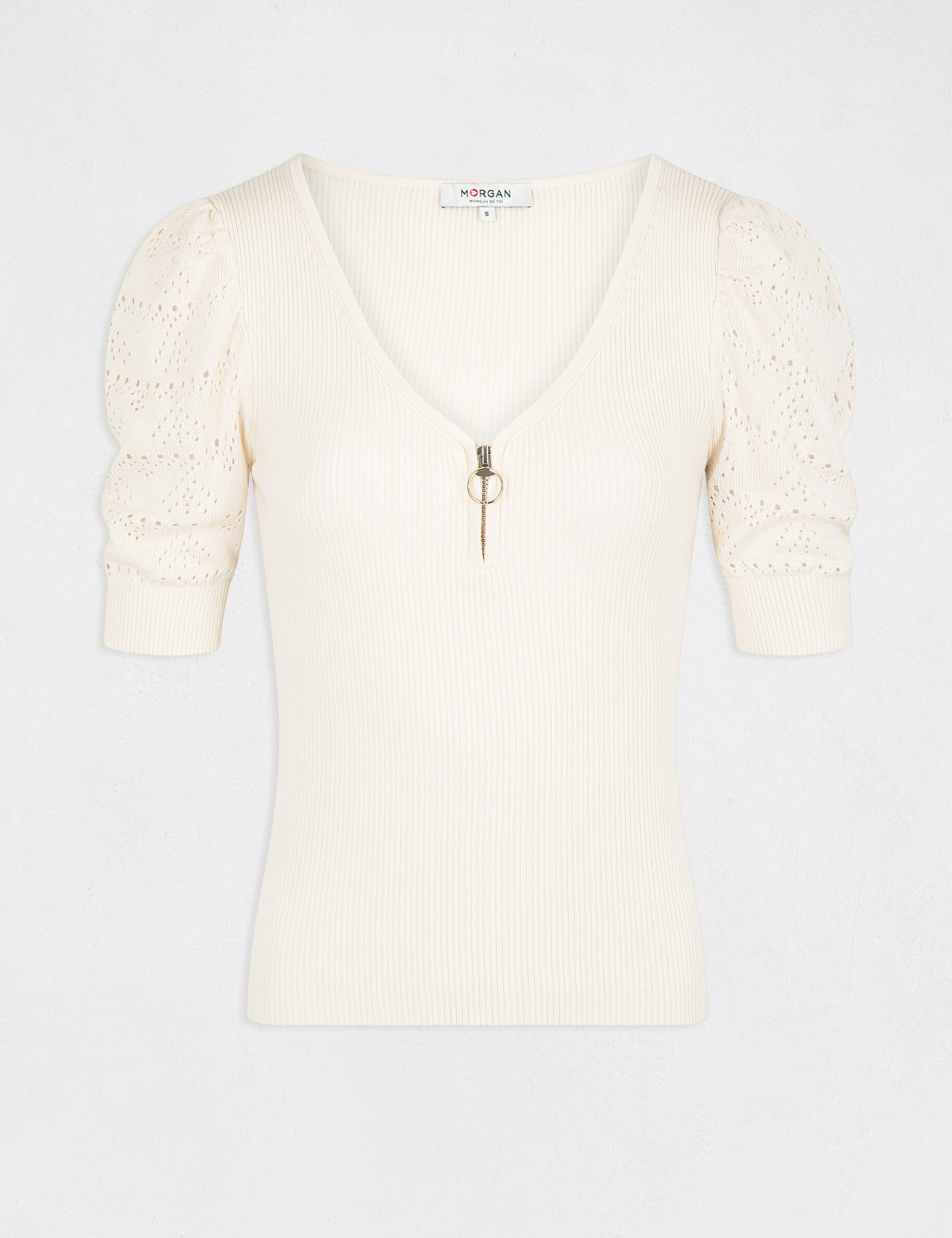 Pull manches courtes avec col en V ivoire femme - ivoire