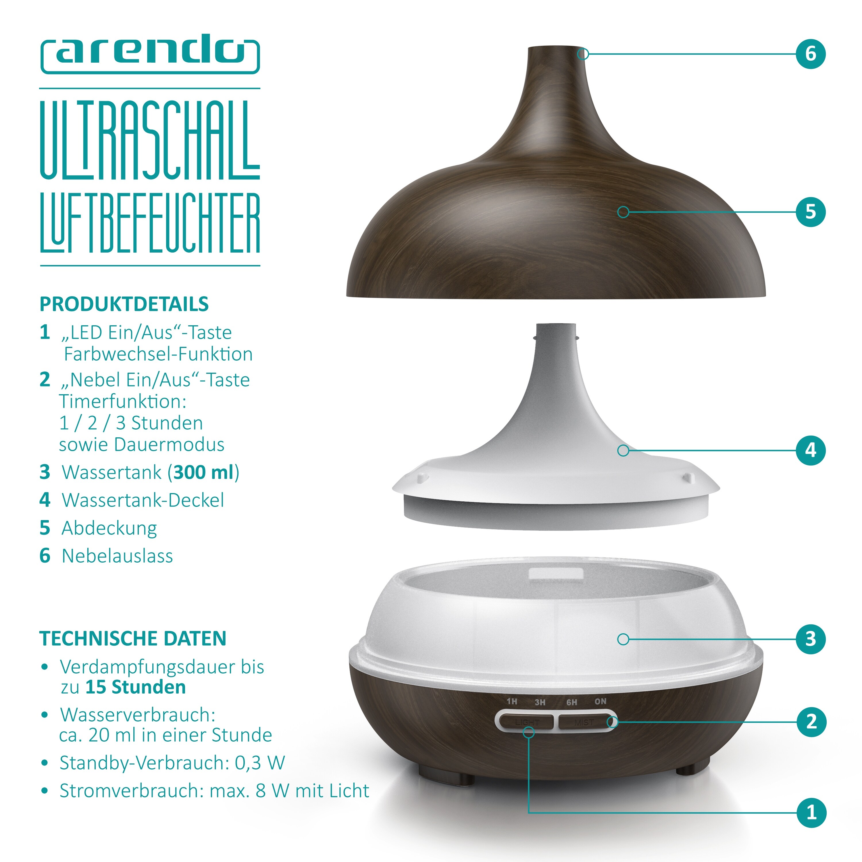 Arendo Luftbefeuchter, Aroma Diffuser in Holz Design mit LED, Diffusor, Timer Funktion, 7-Farben Wechsel, 300ml, Dunkelbraun