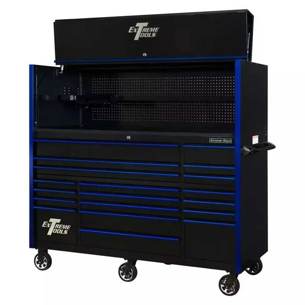 EXTREME TOOLS Armário de ferramentas com rodízios, série RX, 19 gavetas, 76 cm de profundidade, com compartimentos internos - Preto com puxadores azuis.