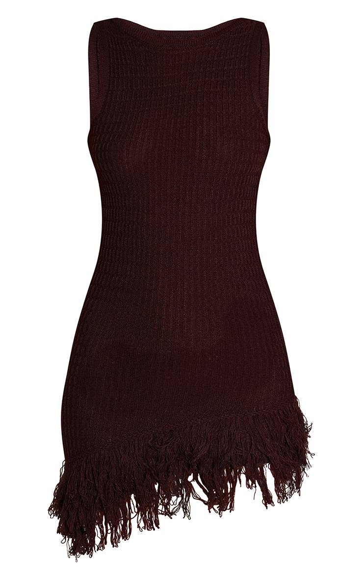 Chocolat Robe Mini Asymétrique En Maille Côtelée À Col Nageur Et Ourlet À Franges