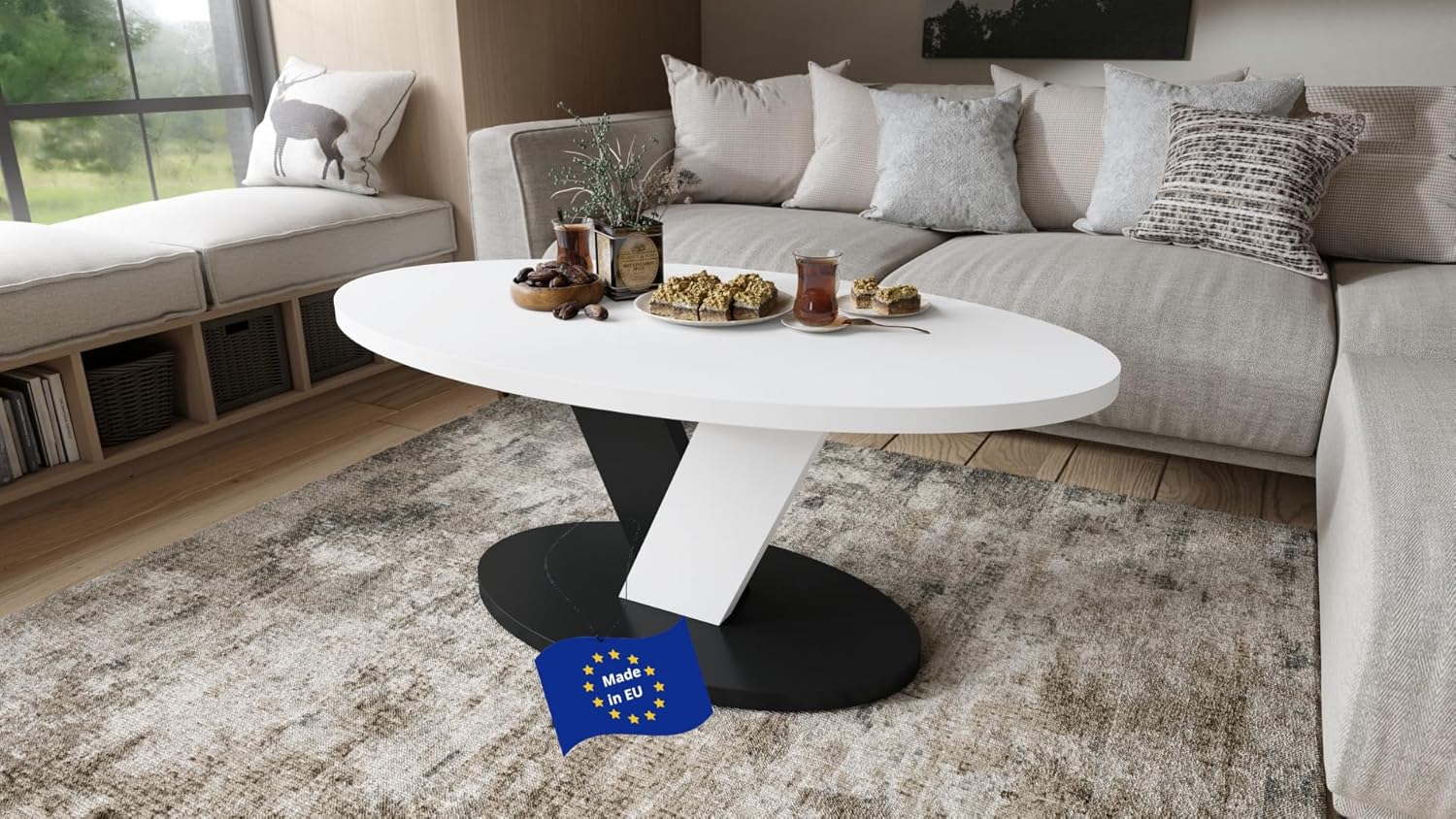 designimpex Design Couchtisch Lova Weiß matt/Schwarz matt 110x45x60 cm oval Couch Table Ablage Stubentisch Living Room Table Moderne Tische ovaler Wohnzimmertisch Sofa Wohnzimmer Küchentisch