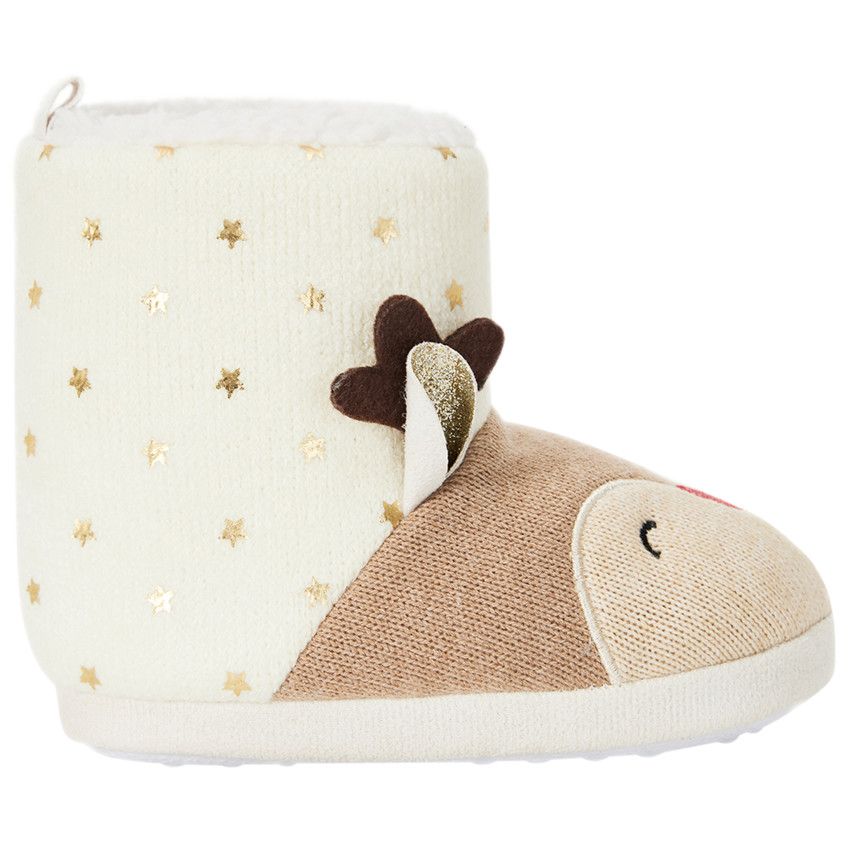 Chaussons bottes fourrés rennes de Noël pour fille - Beige