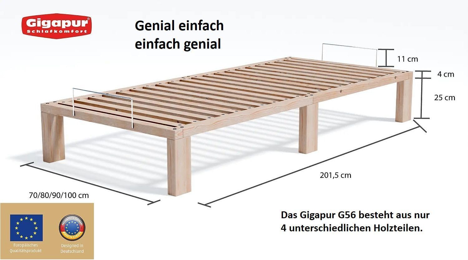 Überlänge 220 cm, Kiefer massiv Holzbett G56, naturbelassen, inkl. Lattenrost und Matratzenbügeln, Liegefläche 270x220 cm, Best. aus 3X 90 x 200 cm und 3 x Verlängerung auf 220cm