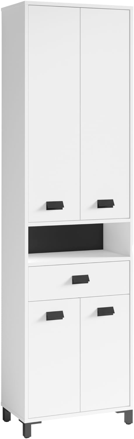 byLIVING Badezimmer-Hochschrank Wellness in Melamin weiß, Griffe aus Metall in schwarz/Badezimmerschrank 4 Türen mit offenen Elementen & viel Stauraum/B 54, H 193, T 31 cm