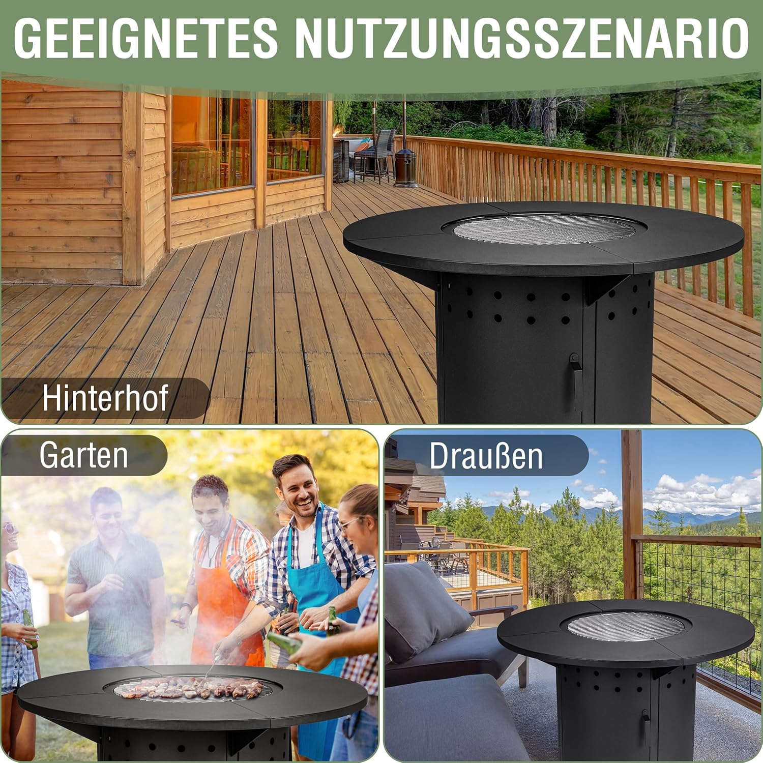 Ambiente Feuertisch Rund, Kohle, Grill, Ambiente inkl. Regenhaube, Grillrost, erweiterbar, Holzkohle, Feuerstelle, BBQ, Schwarz