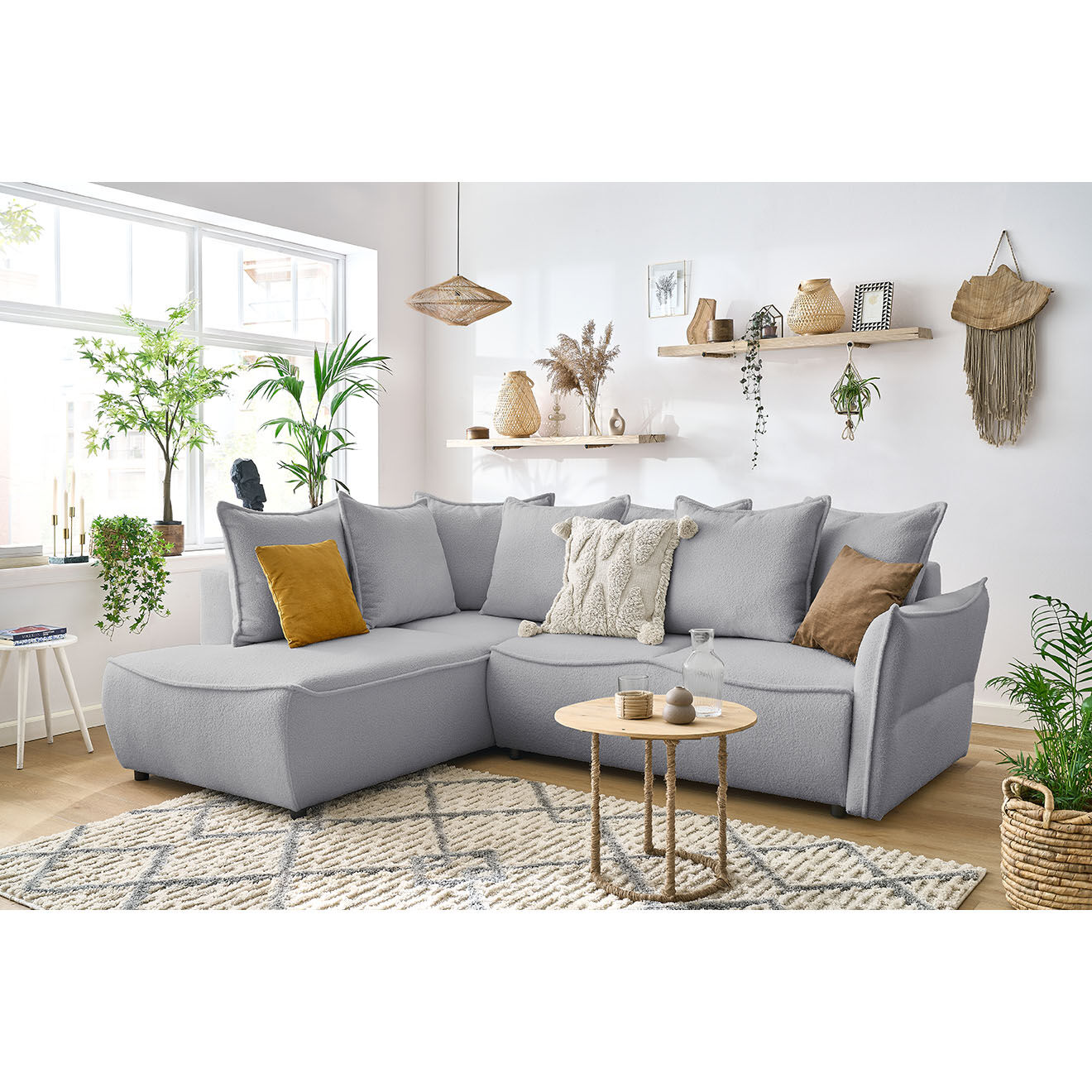 Bobochic Canapé d'angle L gauche convertible bouclette Léon gris clair - 257x90x194 cm