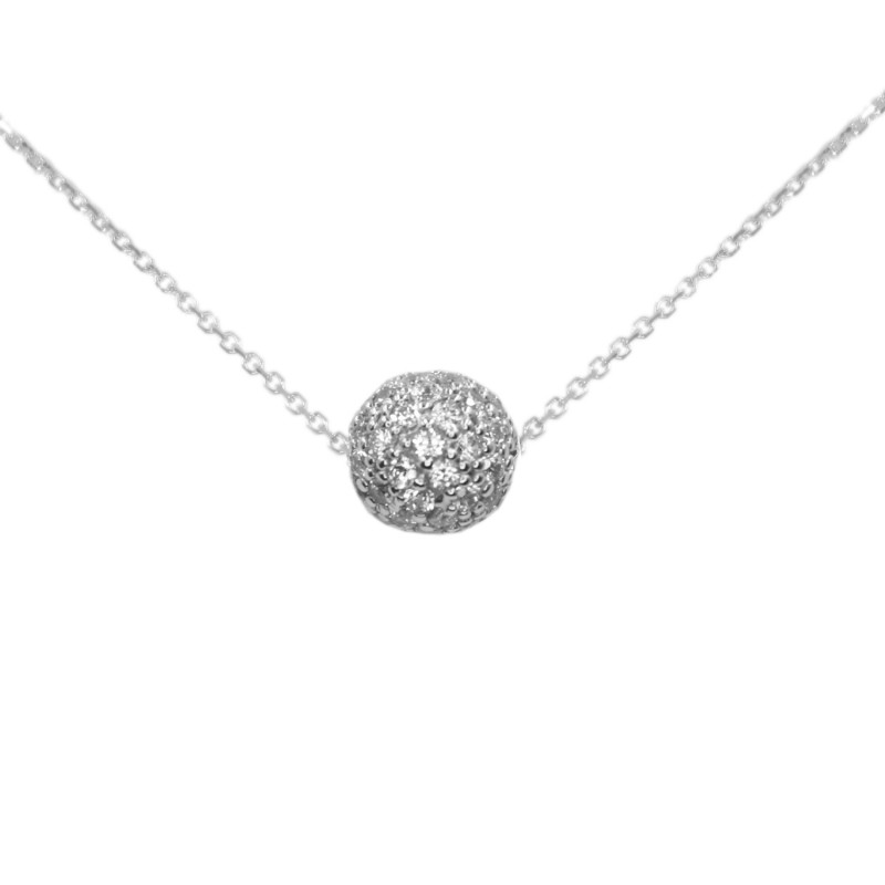 Collier Femme Or Blanc - Pendentif Boule Pavée de Zirconiums
