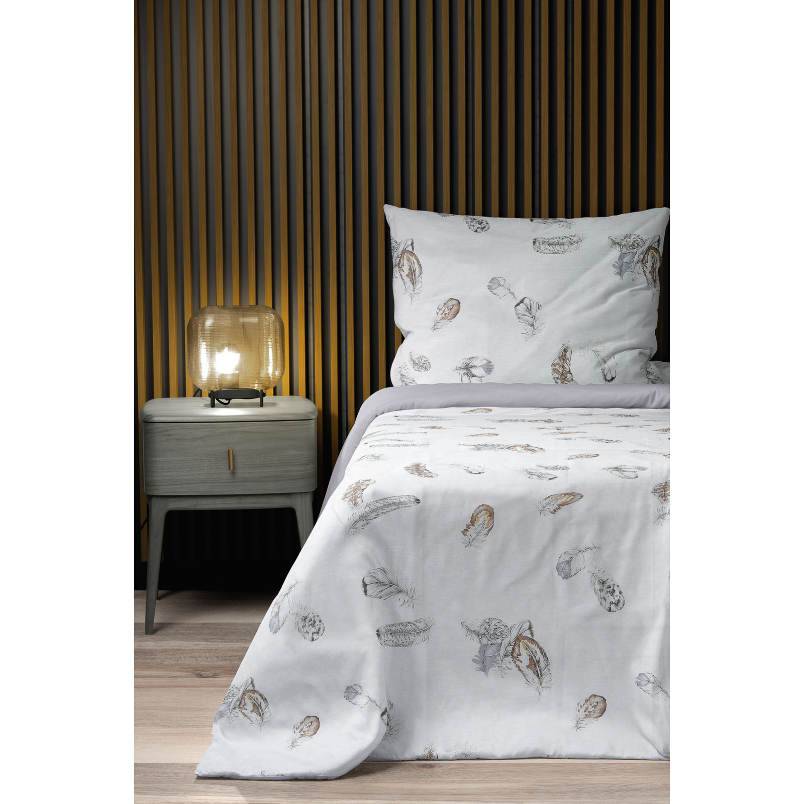 Bettwäsche Satin Federn weiss mit Wendeoptik