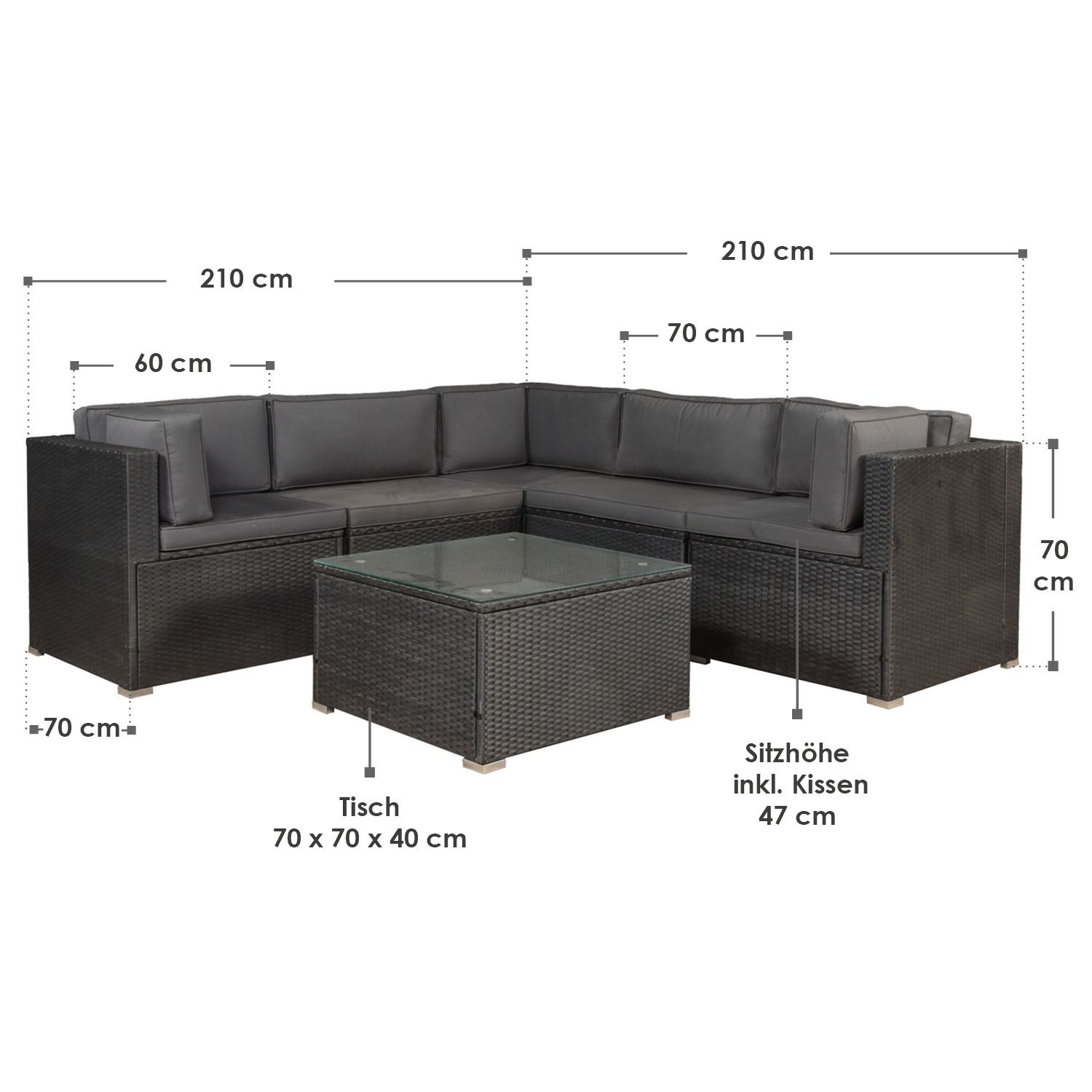 Juskys Polyrattan Lounge Nassau schwarz für 5 Personen mit Ecksofa & Tisch – Bezüge Dunkelgrau
