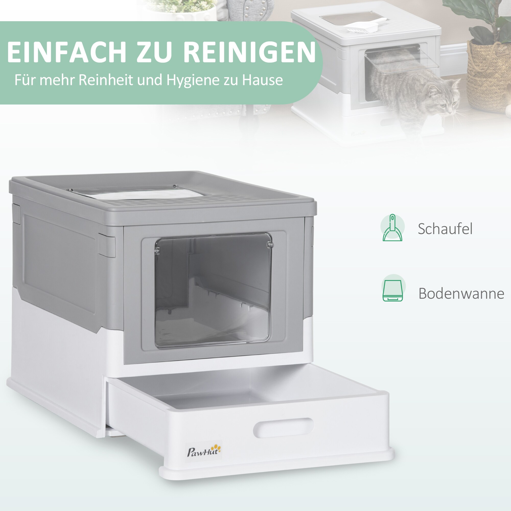 PawHut Katzentoilett mit ausziehbarer Schublade grau, weiß 47,5L x 35,5B x 36,7H cm