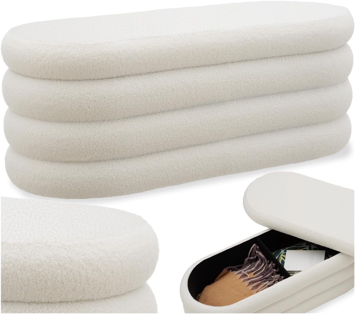 tectake® Sitzbank mit Stauraum, Sitzhocker, Hocker mit Stauraum, Stoff, Pouf, Polsterhocker, Sitztruhe, Truhe mit Deckel, Truhenbank mit Stauraum, Möbel für Wohnzimmer, 110x45x42cm - Bouclé créme-weiß