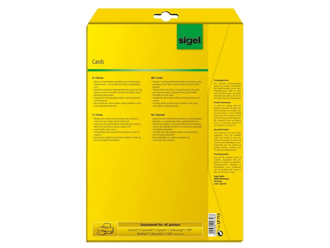 Sigel LP713, Laser/inkjet, Hvid, 185 g/m², 99 mm, 210 mm, 60 ark