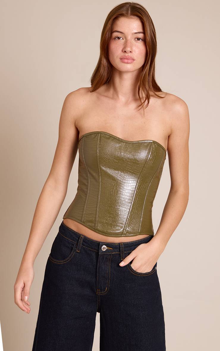 Vert Olive Corset Bandeau En Synthétiquecuir Avec Laçage Au Dos