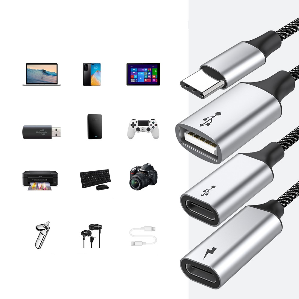(26cm) 60W 3in1 USB C auf 2x USB C / USB A Adapter Ladekabel OTG Nylon Datenkabel - Schwarz / Silber