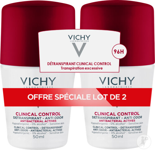 Vichy Clinical Control Détranspirant 96h Anti-Odeurs Transpiration Excessive Peaux Sensibles 2x50ml