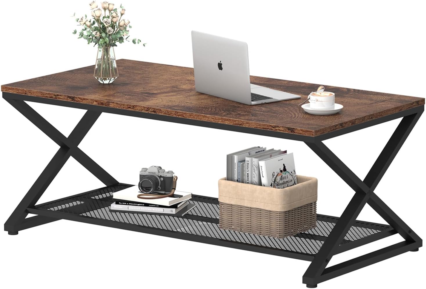 LVB Couchtisch Rechteckig mit Stauraum Wohnzimmer Möbel Wohnzimmertisch mit Stauraum Sofatisch Beistelltisch aus Holz Metall Grau 100x60x45 cm