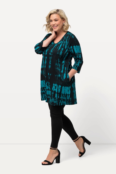 Longshirt, Batikdruck, A-Linie, V-Ausschnitt, 3/4-Arm