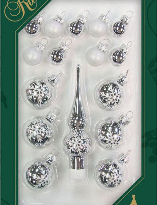 Luxe zilveren glazen mini kerstballen en piek set voor mini kerstboom 16-dlg - Kerstversiering/kerstboomversiering zilver