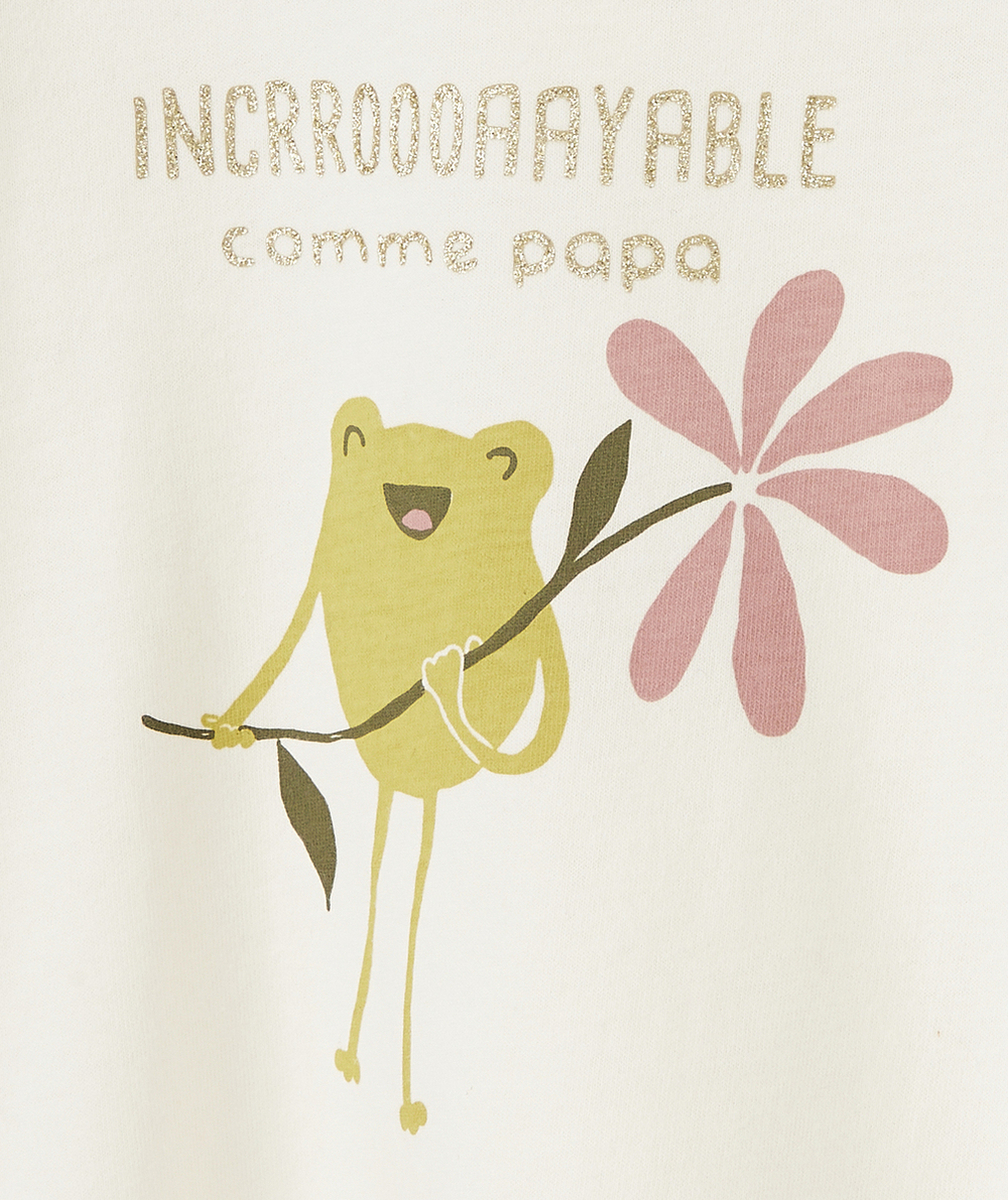 T-SHIRT BÉBÉ FILLE EN COTON BIO ÉCRU MOTIF GRENOUILLE
