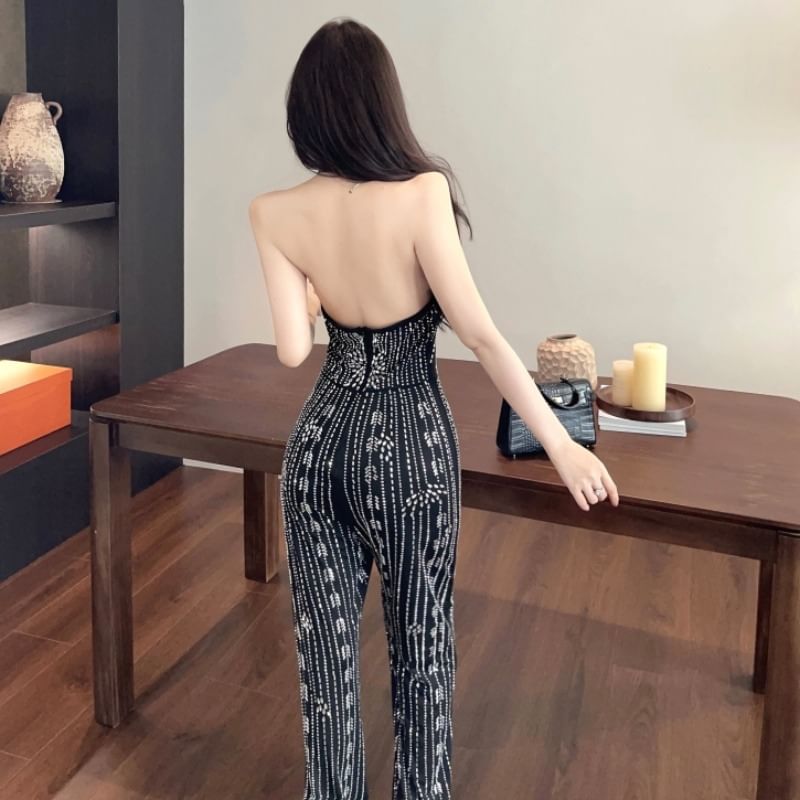 Magma - Halternek Jumpsuit met Wijde Pijpen en Strass