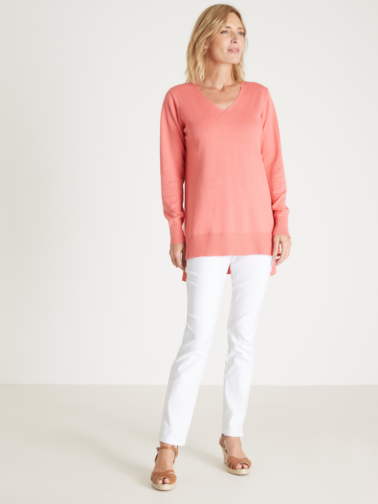 Pull tunique maille fine col V