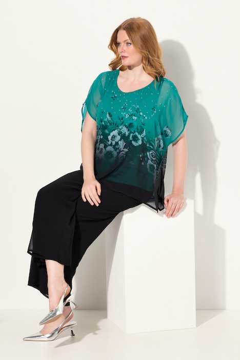 Blusenshirt, oversized, Chiffon mit Blüte, Jersey