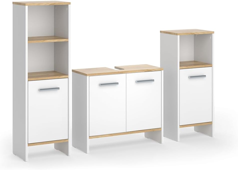 Vicco Badmöbel-Set Weiß/Goldkraft Eiche Karli, bestehend aus Bad Spiegelschrank, Waschbeckenunterschrank, Midischrank - Platz für Pflege- und Badutensilien