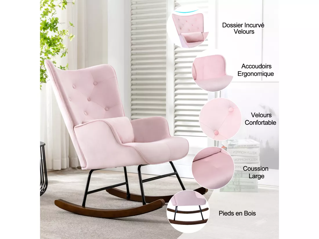 Fauteuil à Bascule Rembourré en Velours Moderne pour Salon, Chaise à Bascule à Dossier Haut avec Pieds en Bois, Rose