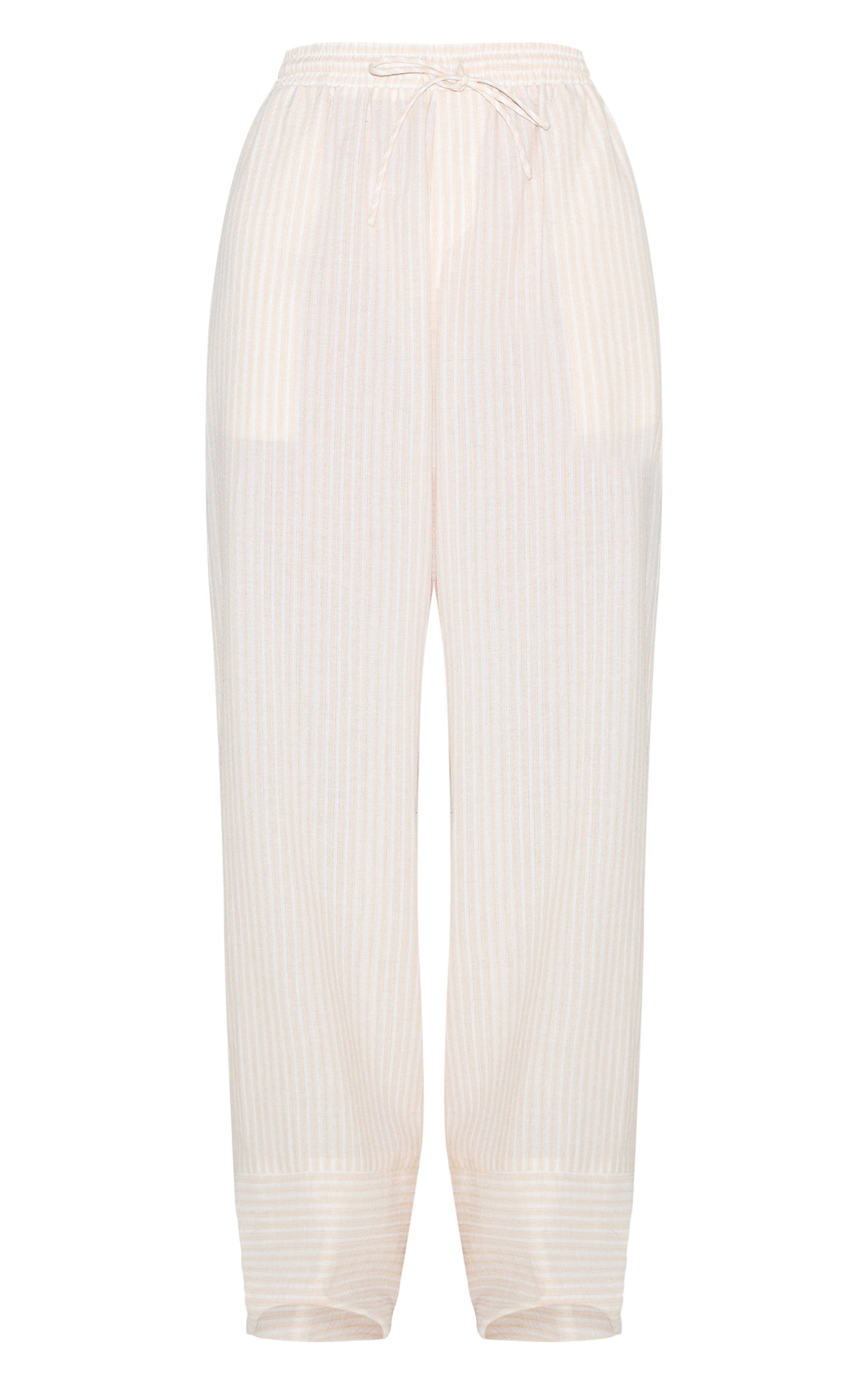 Gris Pierre Pantalon Large En Lin Rayé Avec Cordon De Serrage