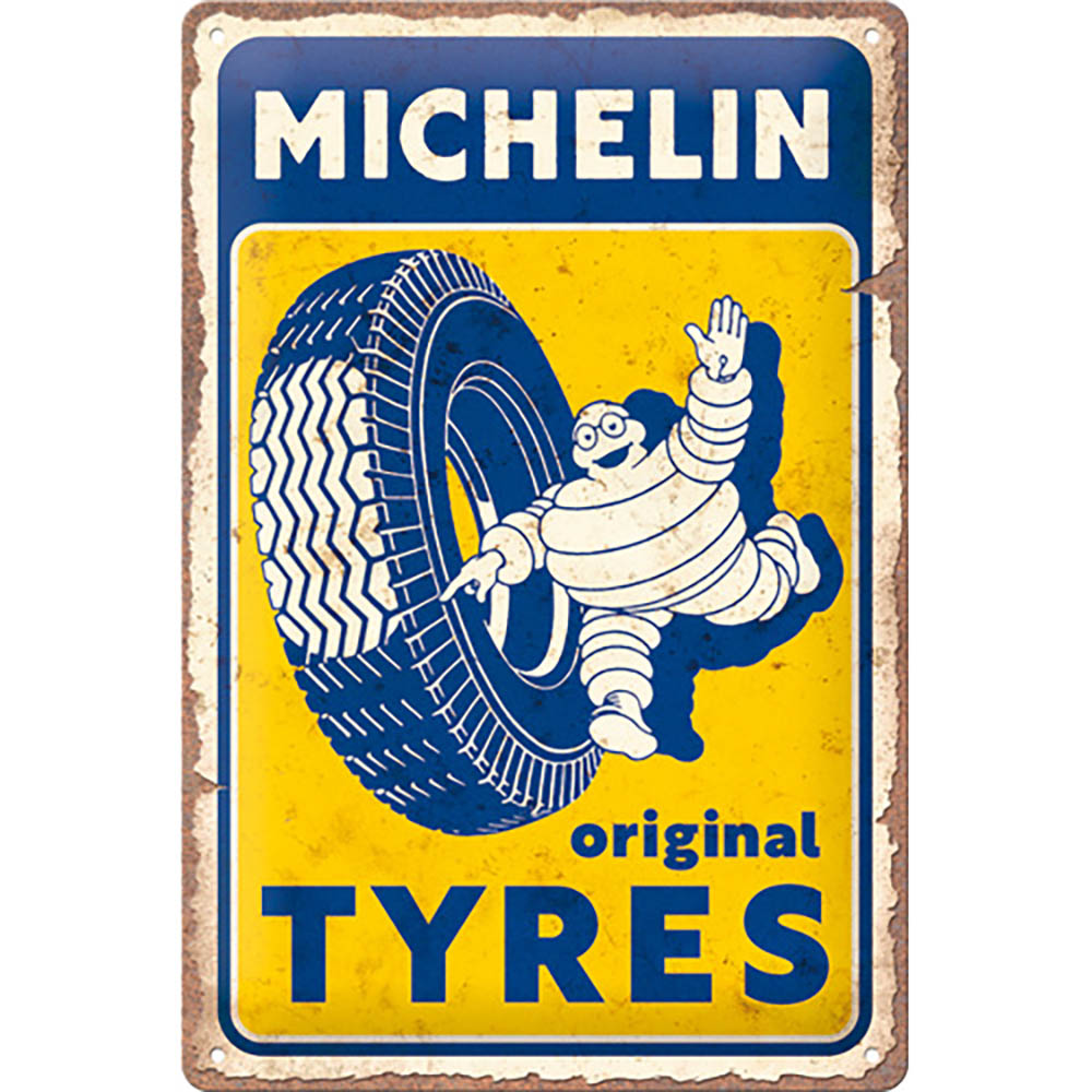 nostalgic art - Plaque Vintage Michelin - Original Tyres Jaune / Bleu / Blanc